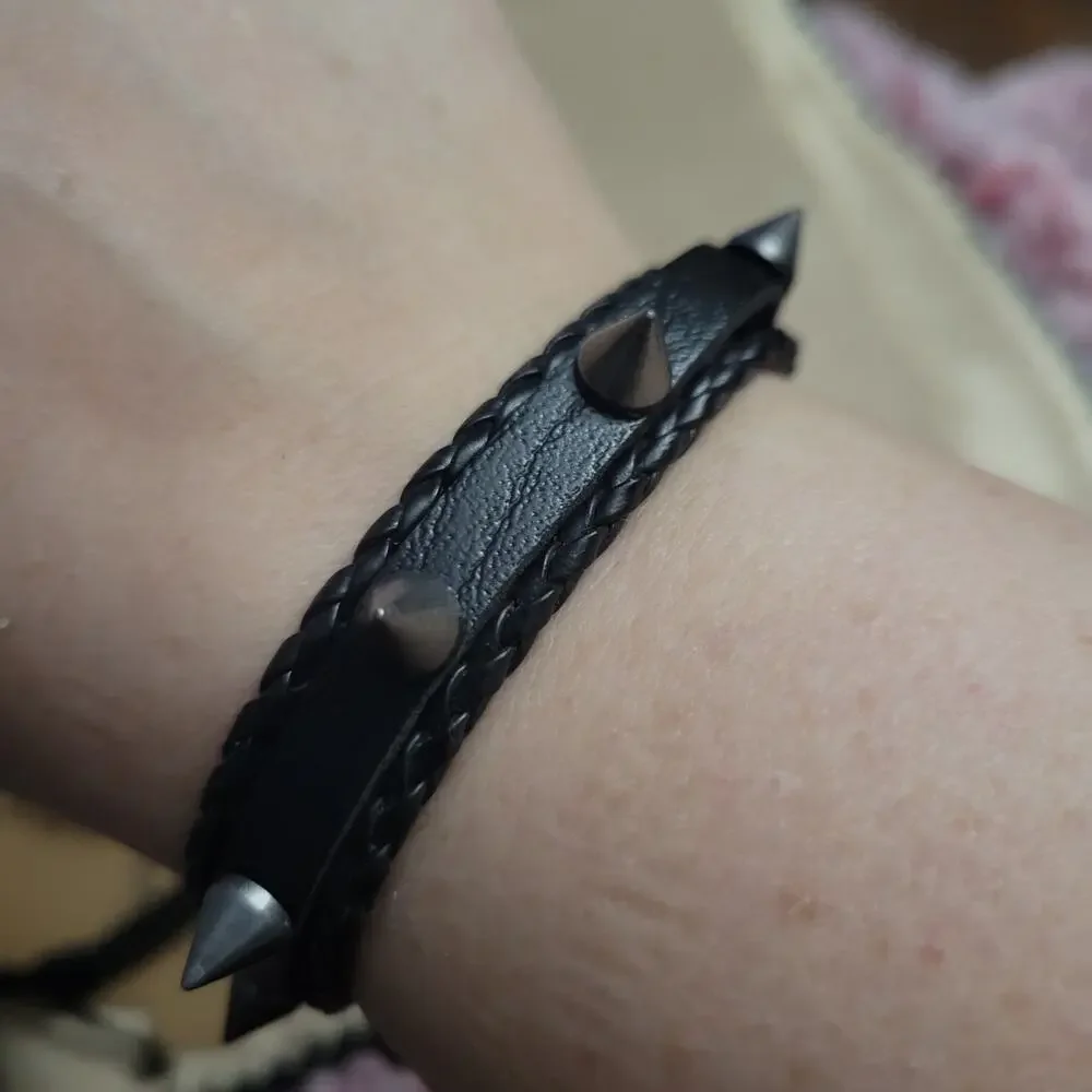 4 piece spiked black synthetic leather adjustable bracelet set